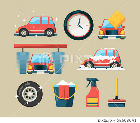 Car wash icon set. Foam roller washing machines cleaning auto service vector cartoon symbols 58603641