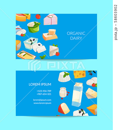Vector cartoon milk and cheese products business card Vector cartoon milk and cheese products business card 58603902