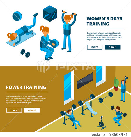 Sport exercise in gym. Horizontal banners with illustrations of fitness people workout vector 58603971
