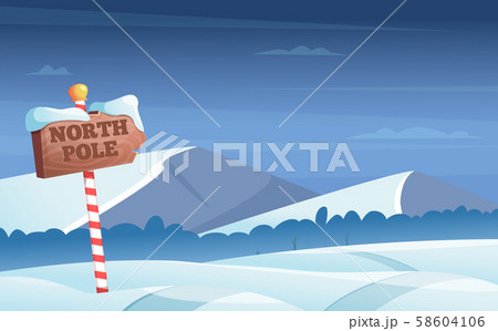 North pole road sign. Snowy background with snow trees night woods wonderland winter holidays vector North pole road sign. Snowy background with snow trees night woods wonderland winter holidays vector 58604106