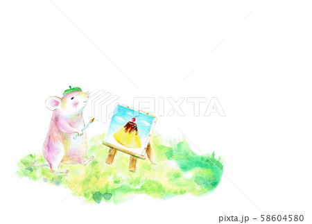 年賀状素材　絵を描くネズミ 58604580