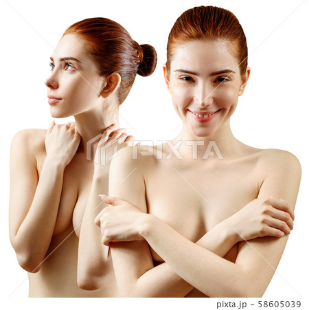 Collage of lovely naked redhead woman covering her breast. Collage of lovely naked redhead woman covering her breast. 58605039