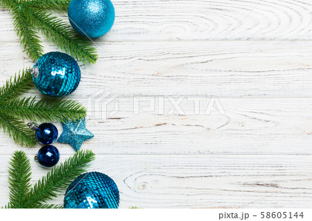 Set of festive balls, fir tree and Christmas 58605144