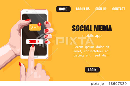 Woman hands with red nails clicking on sign in Woman hands with red nails clicking on sign in 58607329