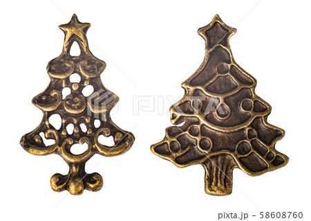 Set of two vintage brassy metal Christmas trees isolated on white background Set of two vintage brassy metal Christmas trees isolated on white background 58608760