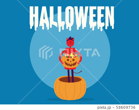 Red devil holding pumpkin basket full candies and 58609736