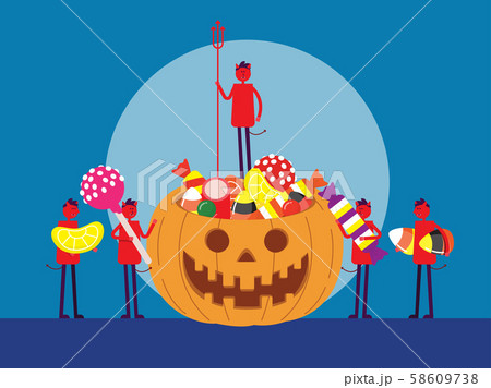 Red devil holding pumpkin basket full candies and 58609738