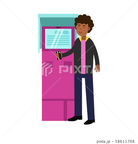 Middle-aged African Man Wearing Suit Standing Next To ATM Vector Illustration 58611708