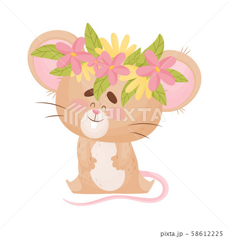 Cartoon mouse with a wreath of flowers on his head. Vector illustration. Cartoon mouse with a wreath of flowers on his head. Vector illustration. 58612225