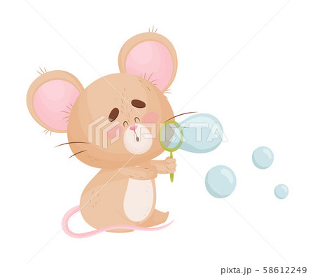 Cartoon mouse blows soap bubbles. Vector illustration. Cartoon mouse blows soap bubbles. Vector illustration. 58612249