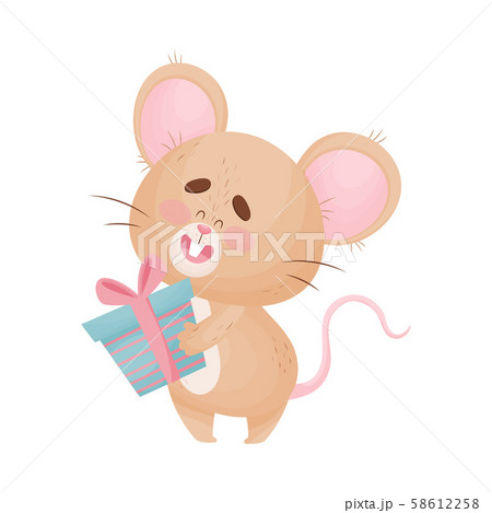 Cartoon mouse holds a gift. Vector illustration. Cartoon mouse holds a gift. Vector illustration. 58612258