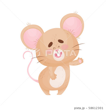 Cartoon mouse greets and waves a hand. Vector illustration. Cartoon mouse greets and waves a hand. Vector illustration. 58612301