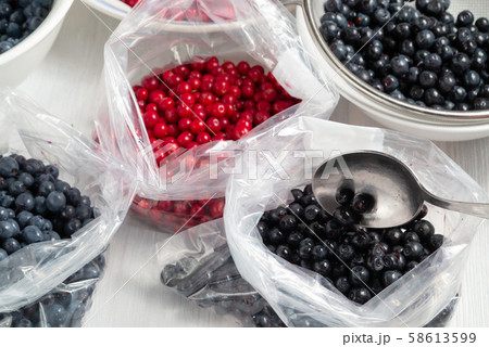 Process of preparing berries for freezing - folding into packages Process of preparing berries for freezing - folding into packages 58613599