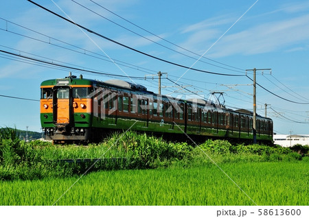 山陽本線、庭瀬・中庄駅間を走る普通列車(115系) 山陽本線、庭瀬・中庄駅間を走る普通列車(115系) 58613600