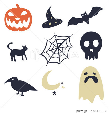 Cartoon Halloween icon set vector simple cartoon style. Pumpkin, ghost, bat, skull, cat, witches hat 58615205