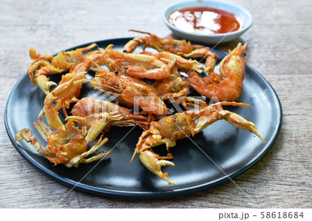 deep fried little swimming crab and shrimp with flour on plate dipping sweet sauce 58618684