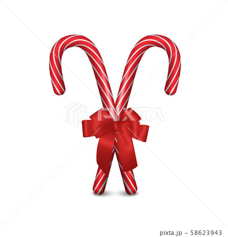 Two Vector 3d Realistic Christmas and New Year Candy Canes with Red Bow Closeup Isolated on White 58623943