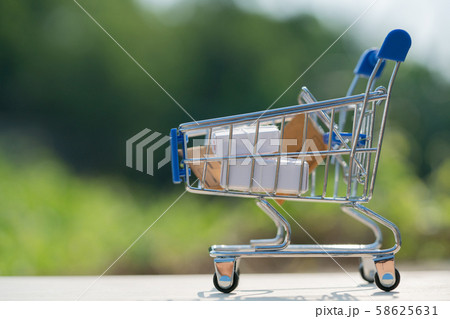 Miniature with mock up wood house on shopping cart Miniature with mock up wood house on shopping cart 58625631