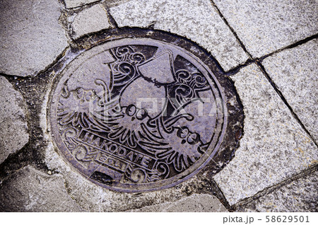 Hakodate manhole sewage cover on street - Japan 58629501