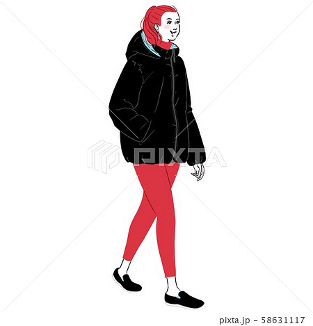 ダウンジャケットを着て街中を歩く若い女性のイラスト素材