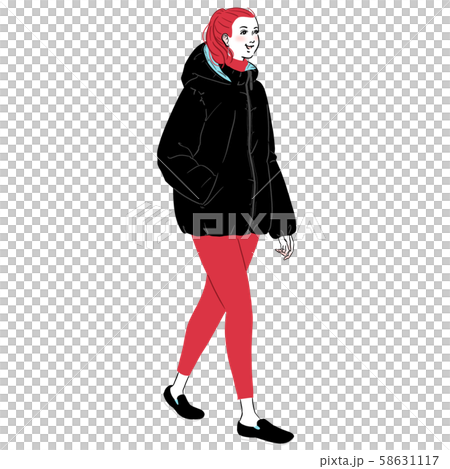 ダウンジャケットを着て街中を歩く若い女性のイラスト素材