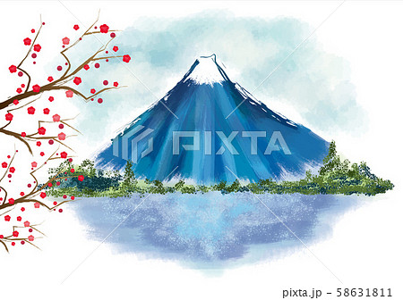 年賀状 富士山 富士 梅 風景 年賀状 和風 和柄 和 手描き 山のイラスト素材
