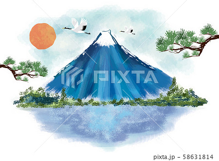 年賀状 富士山 富士 松 風景 年賀状 和風 和柄 和 手描き 山 初日の出のイラスト素材