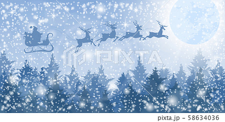 Santa Claus on a sled over the winter forest. Santa Claus on a sled over the winter forest. 58634036