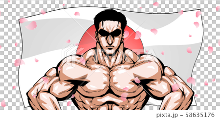 Olympic, sport, japan representative, dramatic, cartoon, muscle, body building, macho, pose, front view, white background, 58635176