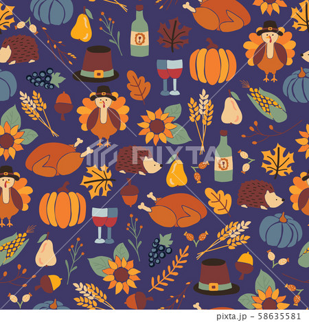 Thanksgiving dinner seamless vector pattern with pumpkins, hats, sunflowers, turkey, hedgehog, wine Thanksgiving dinner seamless vector pattern with pumpkins, hats, sunflowers, turkey, hedgehog, wine 58635581