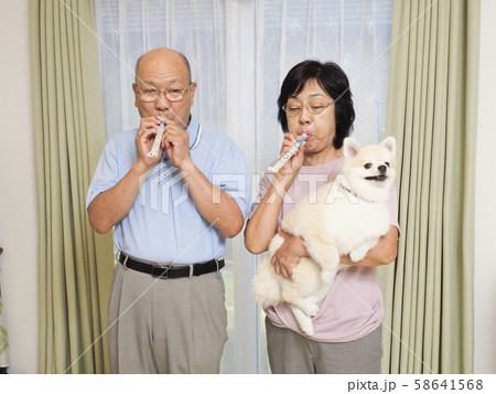 吹き戻しを吹くシニア夫婦 吹き戻しを吹くシニア夫婦 58641568