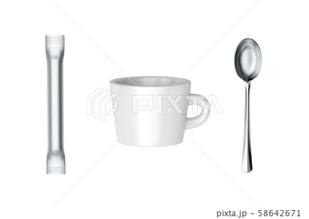 Coffee cup, sachet with sugar and spoon 58642671