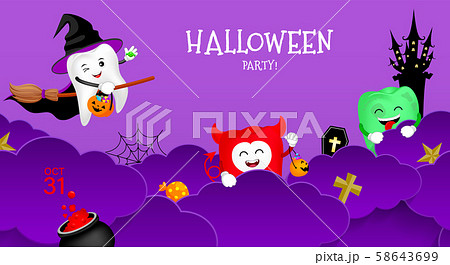 Funny cartoon Halloween tooth character with night clouds. Funny cartoon Halloween tooth character with night clouds. 58643699