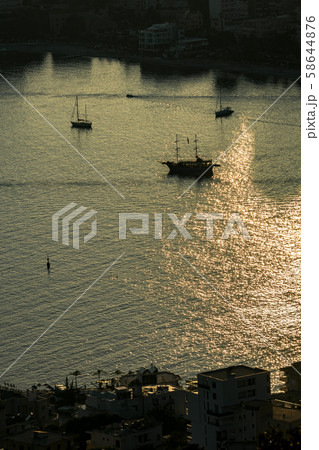 Low key aerial view of Saranda bay, Albania Low key aerial view of Saranda bay, Albania 58644876