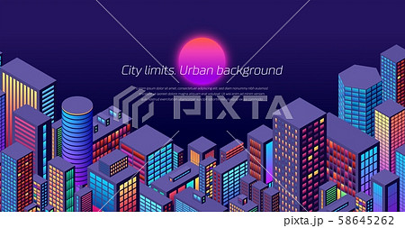 Background with city view with the sun and isometric perspective with vibrant neon colors Background with city view with the sun and isometric perspective with vibrant neon colors 58645262