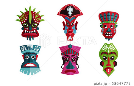 African Decorative Ancient Mask To Put On Face Vector Illustration Set. 58647775