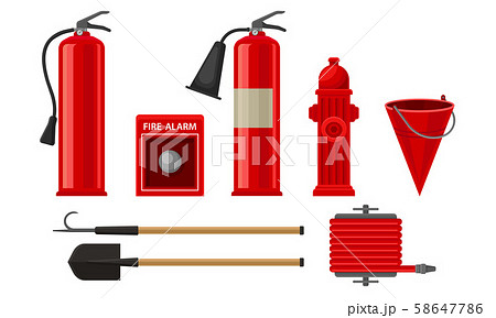 Firefighting Equipments Vector Illustrated Set Isolated On White Background. 58647786