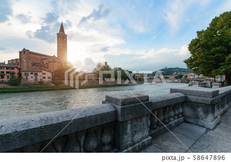 Panoramic view on the dige river in the evening in Verona 58647896