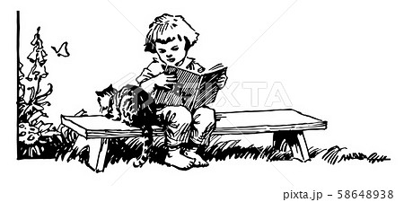 Girl Sitting on Bench Reading Book with Cat, 58648938