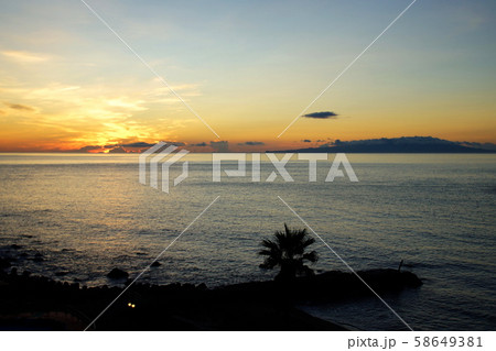 朝日と伊豆大島　伊豆半島　熱川温泉　静岡県 賀茂郡 東伊豆町 58649381