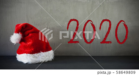 Red Santa Hat, Text 2020, Grey Crunchy Background Red Santa Hat, Text 2020, Grey Crunchy Background 58649809