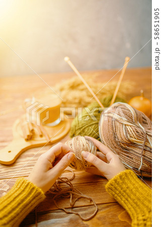 Pumpkin and coffee, knitting. 58651905