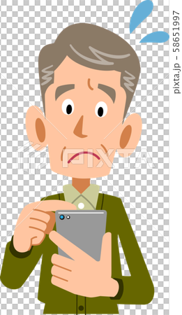 携帯電話を操作するシニアの男性の焦りの表情のイラスト素材
