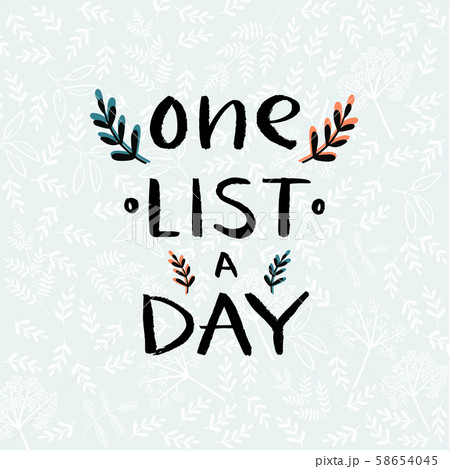 One list a day handwritten composition with twig and leaf elements on light blue cutout background 58654045