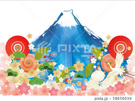 年賀状：富士山　鶴　亀　桜　松　番傘　傘　扇　扇子　日本一　初夢　年賀状　年賀はがき 58656039