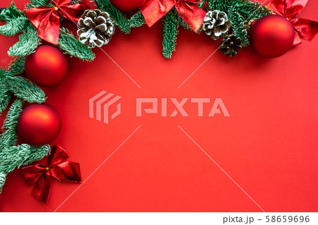 Christmas composition. Background red colors with decorations. 58659696