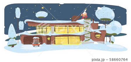 Santa Clause with Big Sack Sneaking by House Roof 58660764