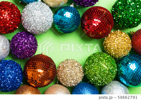 Festive composition of decorative baubles on Festive composition of decorative baubles on 58662791