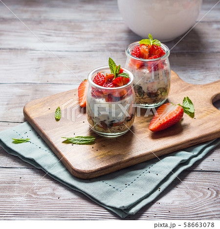 Yogurt and granola with strawberries. Breakfast Yogurt and granola with strawberries. Breakfast 58663078