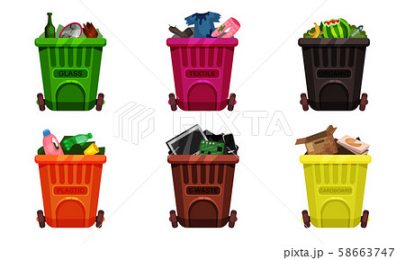 Full Recycle Bins. Sorted Trash Vector Illustrated Set 58663747